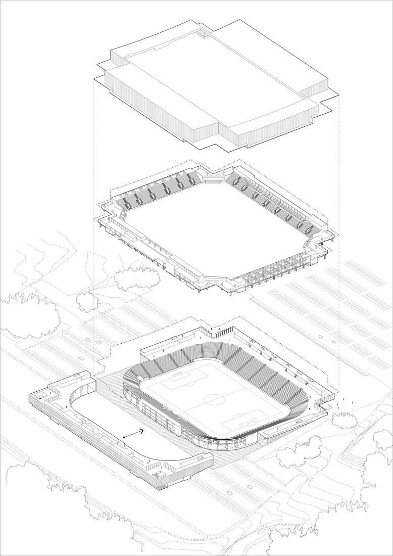 Axonometría. Proyecto de Modernización del Estadio de Universidad Católica por IDOM.