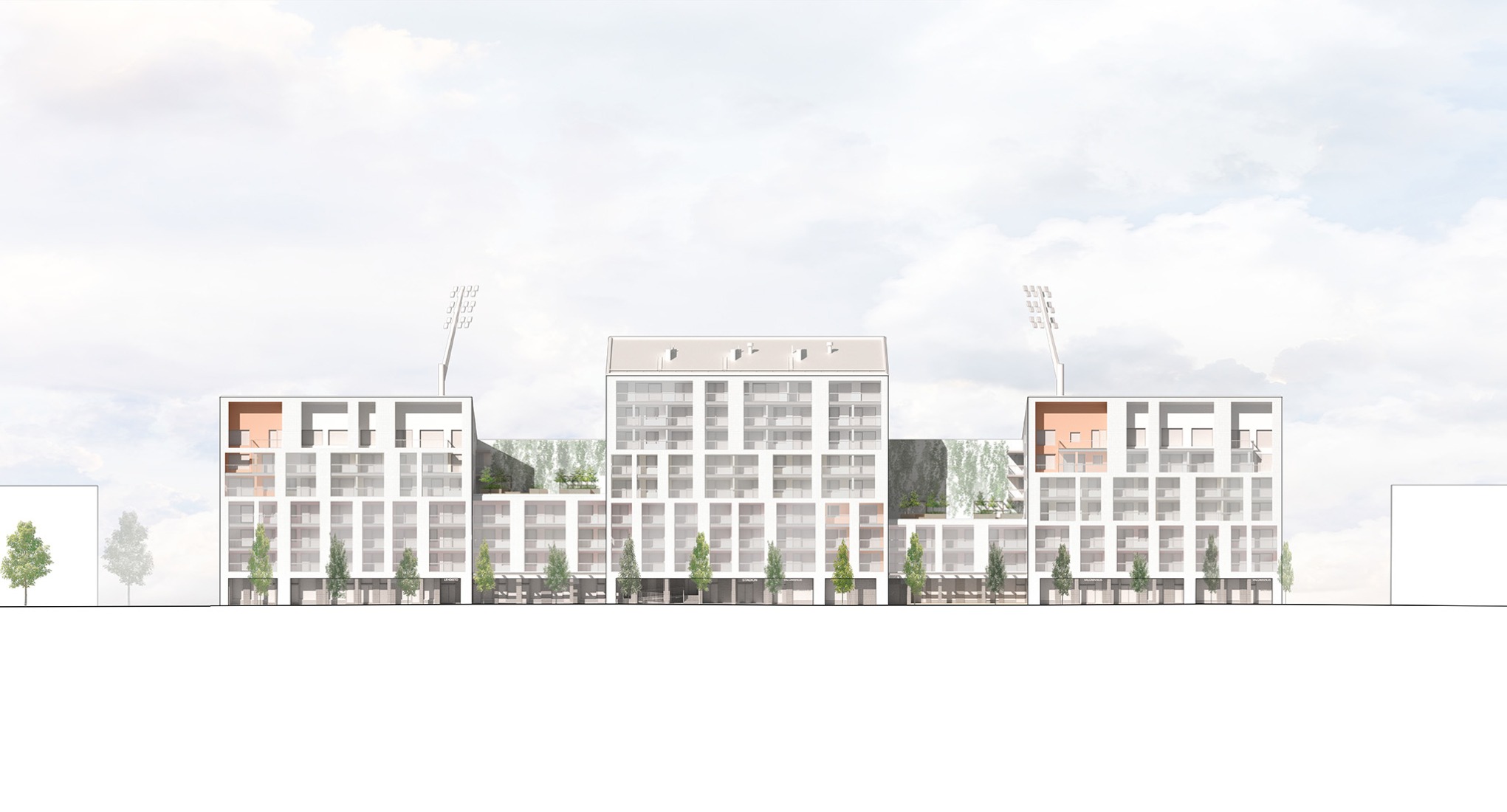 Alzado Oeste. Estadio Tammela por JKMM Architects.