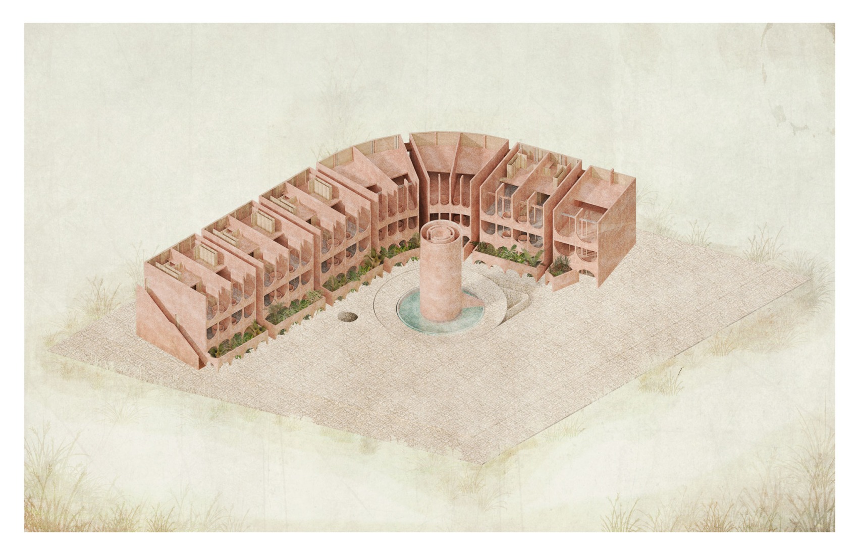 Vista axonométrica. Un complejo regenerativo. Babel por V Taller.