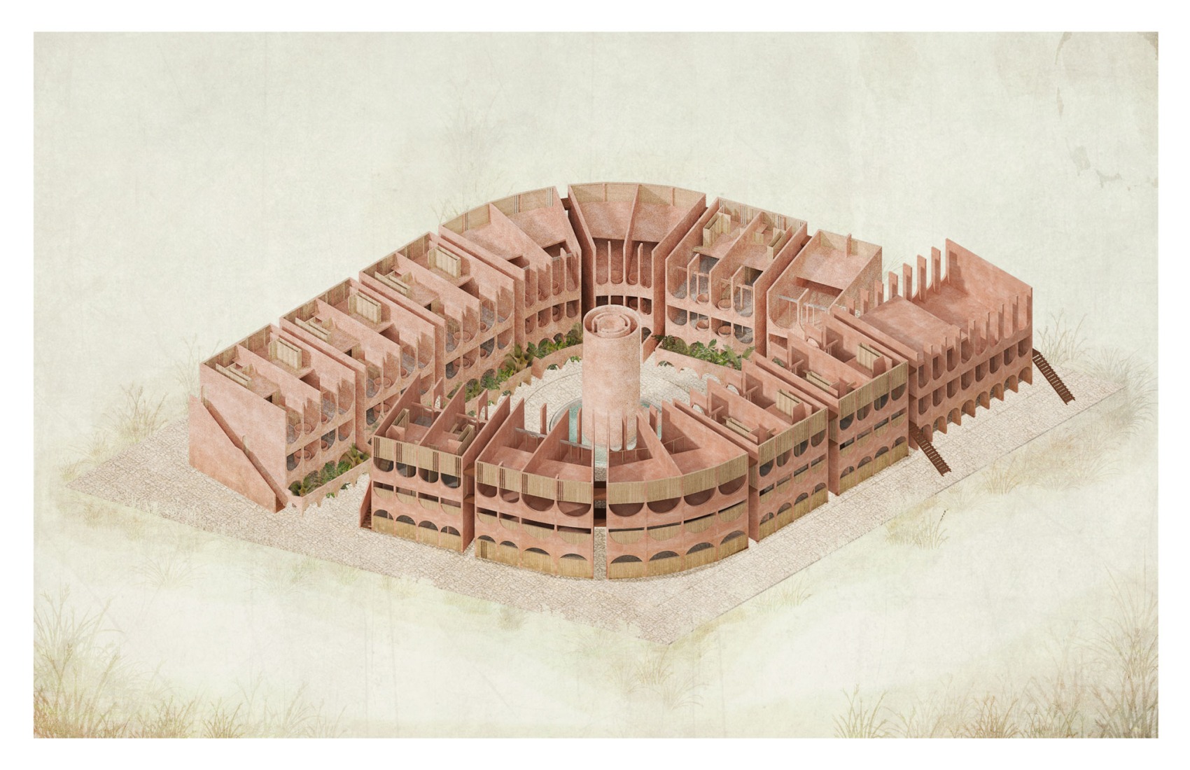 Vista axonométrica. Un complejo regenerativo. Babel por V Taller.