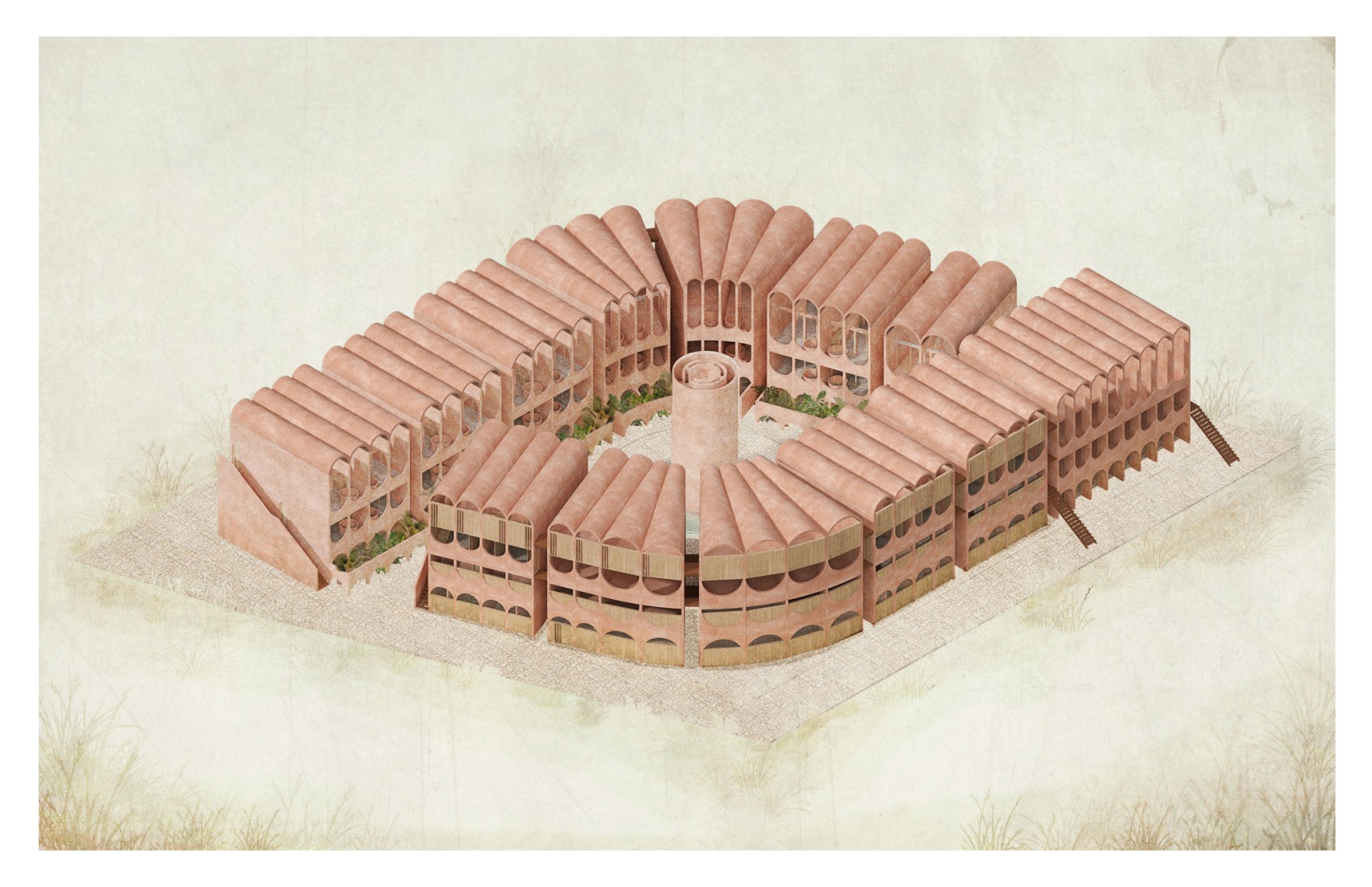 Vista axonométrica. Un complejo regenerativo. Babel por V Taller.