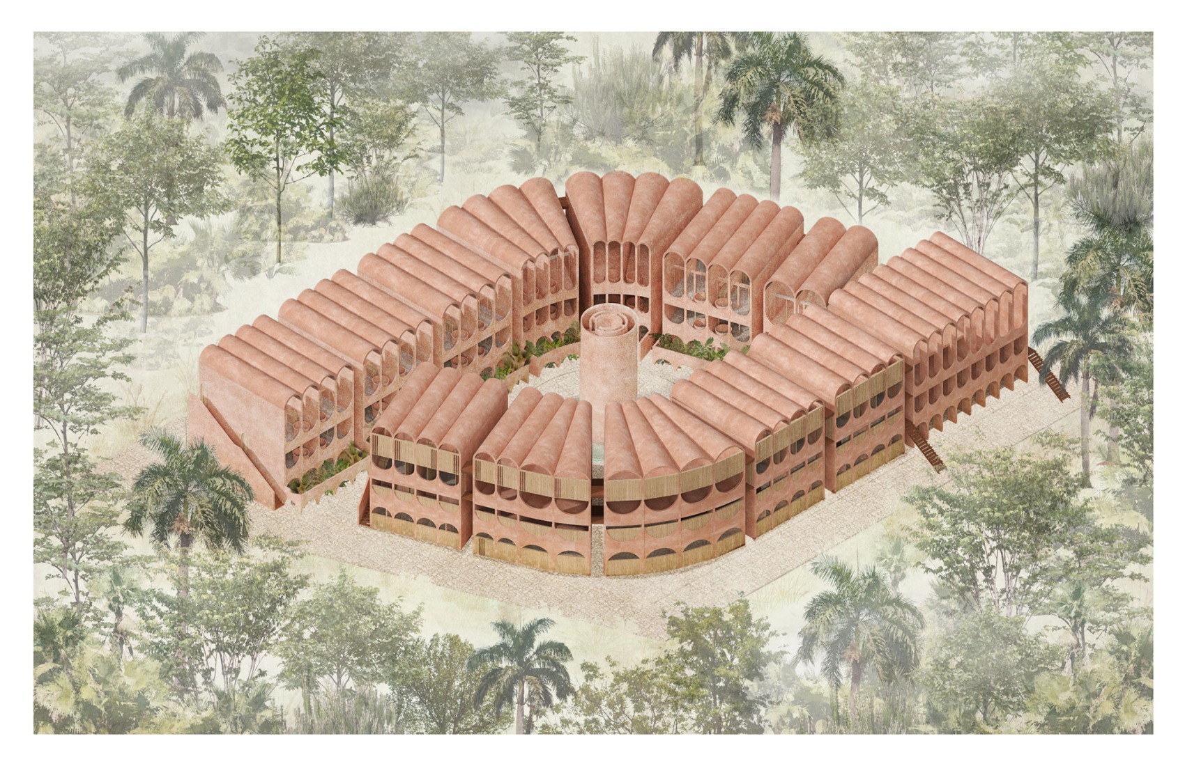 Vista axonométrica. Un complejo regenerativo. Babel por V Taller.