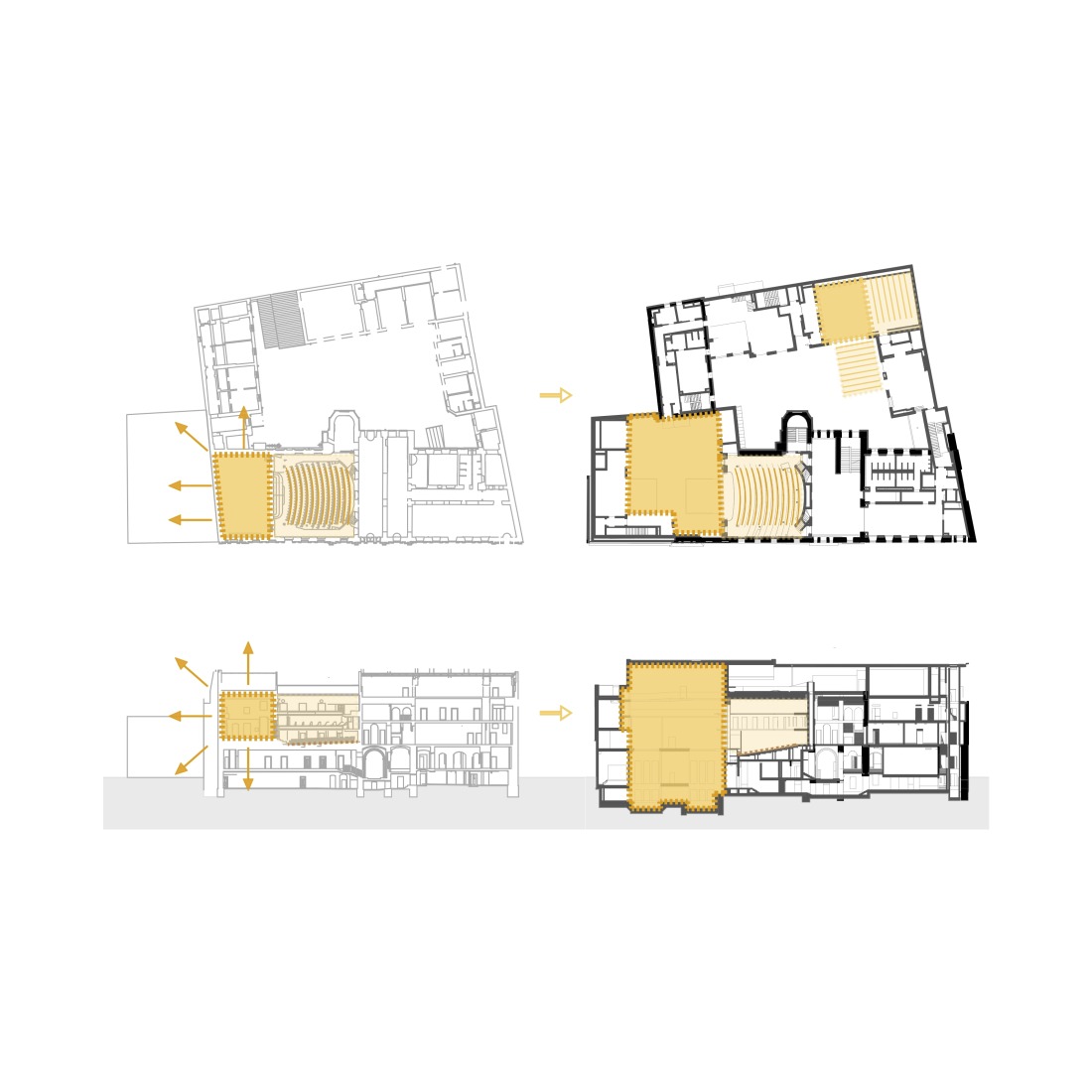 Extension, floor plan and section. Żeromski Theatre in Kielce by WXCA.