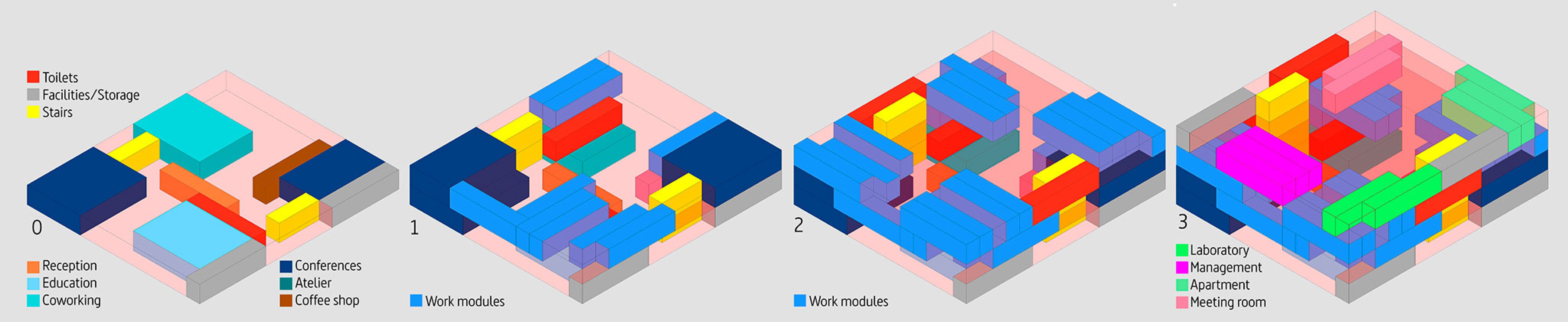 Axonometry. Zona base - Incubazul by Carquero Arquitectura.