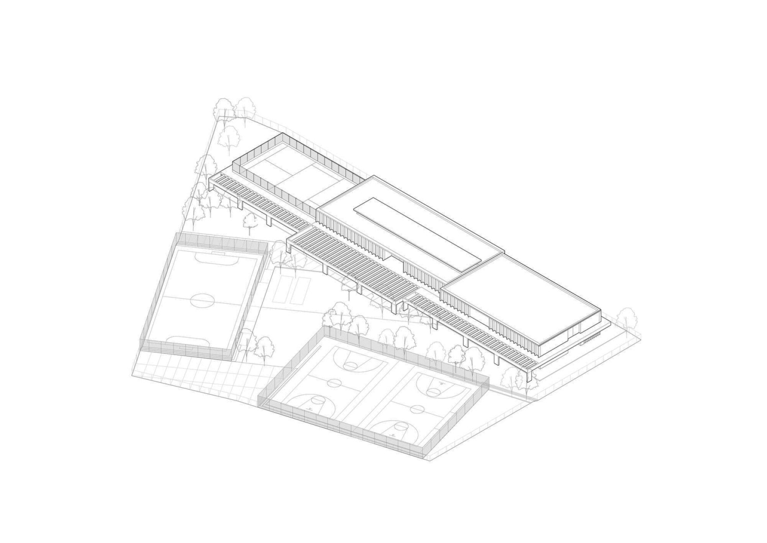 Axonometría. CEIP Malpartida por Tenor + Paradigma Estudio + Buró4 + Gabriel Verd Arquitectos.