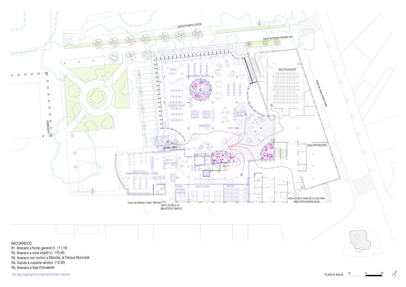 Plano de planta baja. Ampliación de la biblioteca Santa Oliva por Coll-Leclerc.