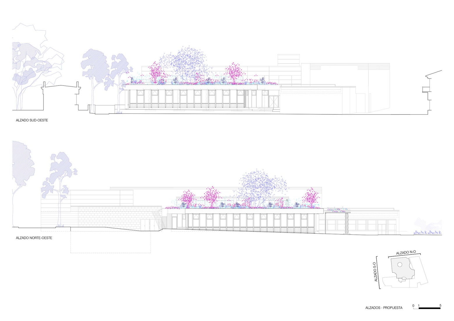 Alzados. Ampliación de la biblioteca Santa Oliva por Coll-Leclerc. 
