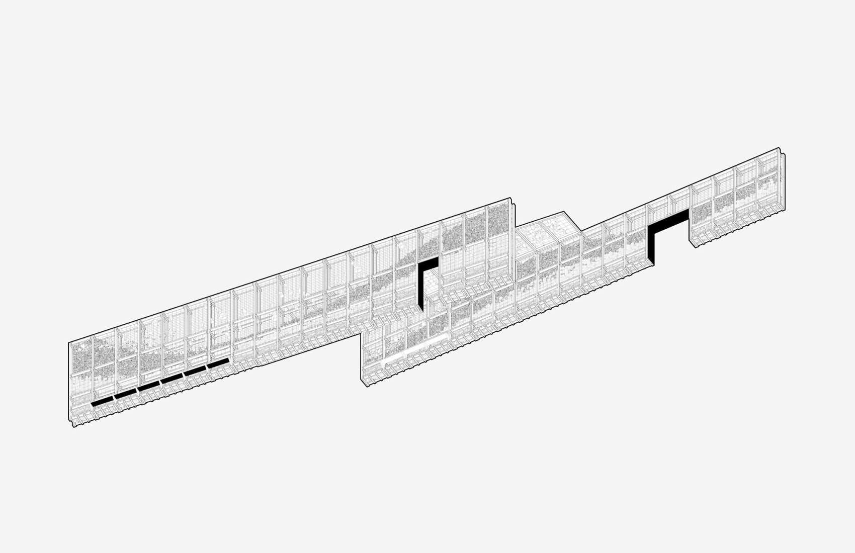 Axonometría seccionada. Pabellón De Roca Madre TAC! 2025 por Estudio Latente.