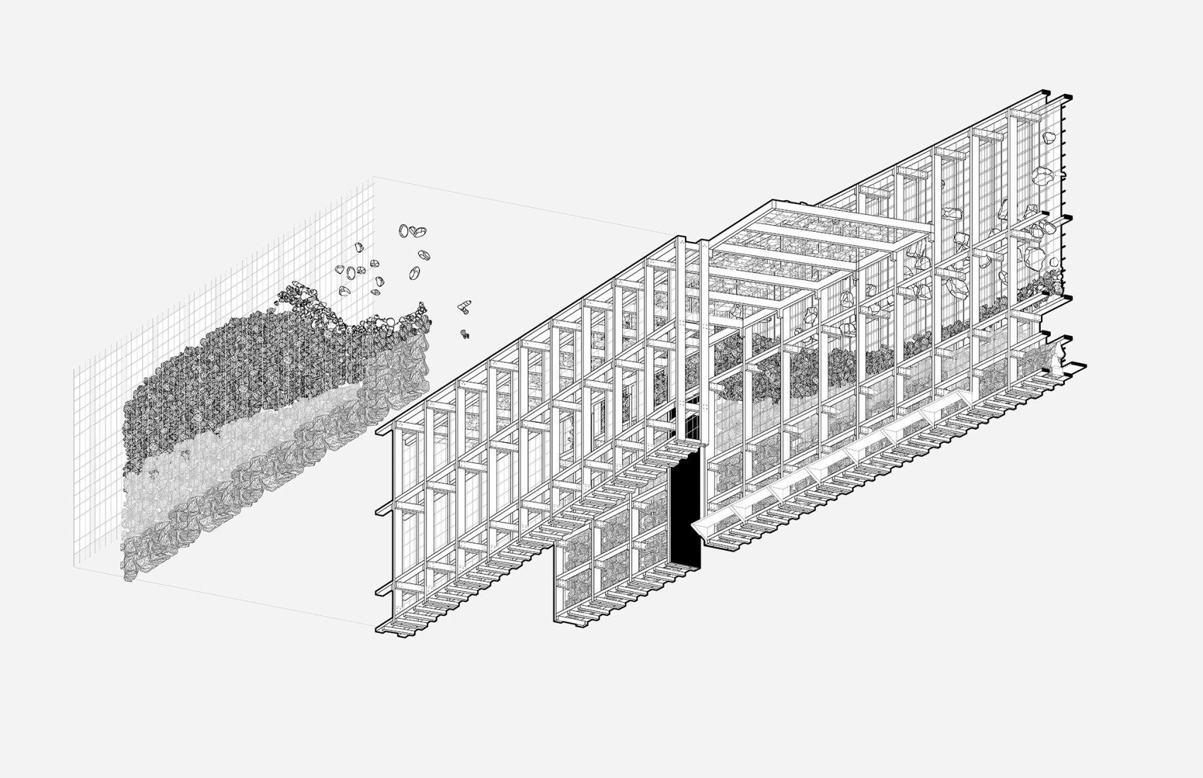 Axonometría explotada. Pabellón De Roca Madre TAC! 2025 por Estudio Latente.