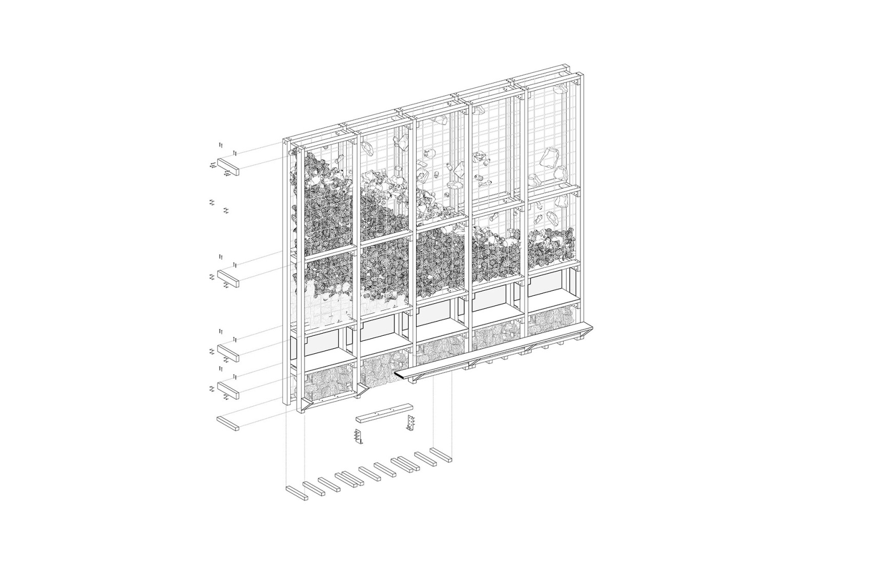Axonometría constructiva. Pabellón De Roca Madre TAC! 2025 por Estudio Latente.