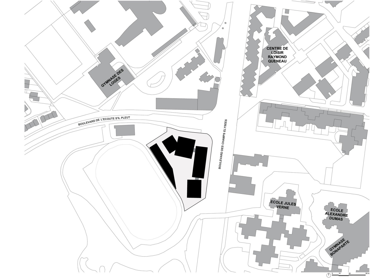 Plano de situación. Centro Infantil y Deportivo Parc des Loges por Hemaa Architectes. 