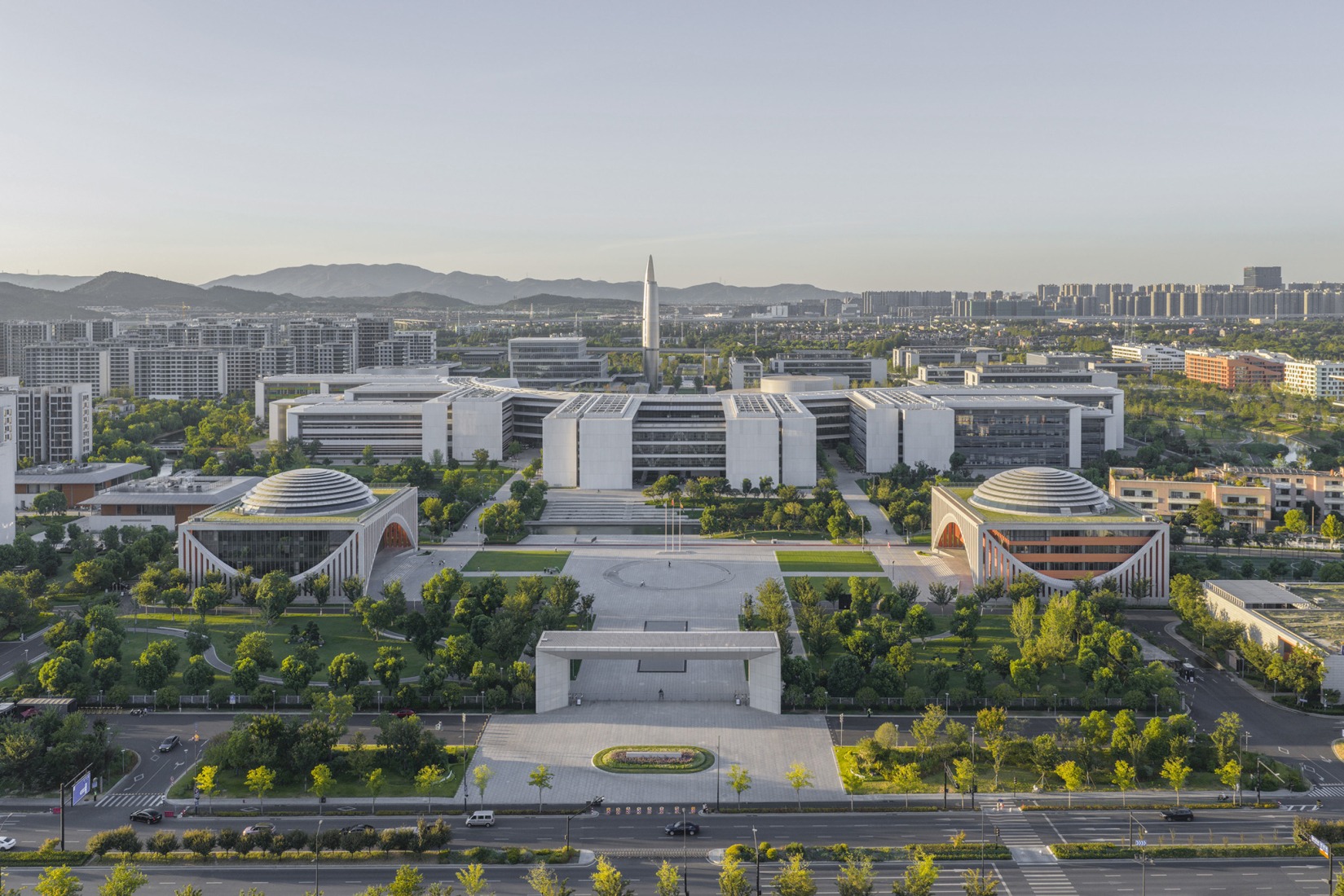 Aerial view, from the south. Westlake University by HENN. Photograph by Tian Fangfang.