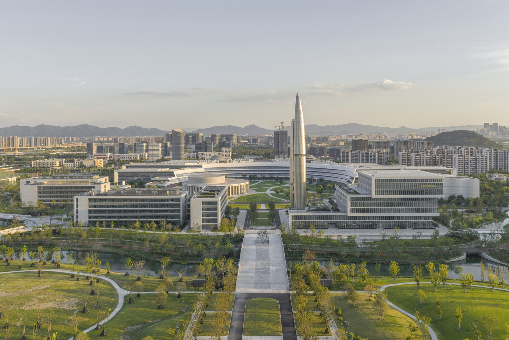 Aerial view, from the north. Westlake University by HENN. Photograph by Tian Fangfang.