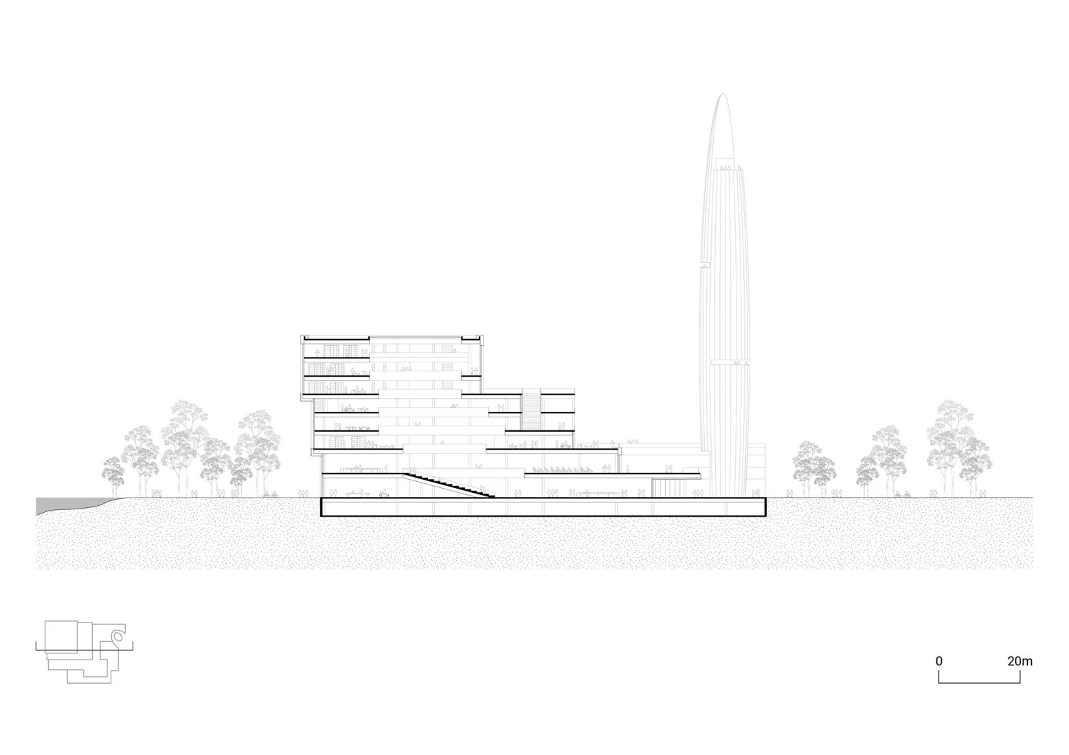 Section library with elevation observation tower. Westlake University by HENN.