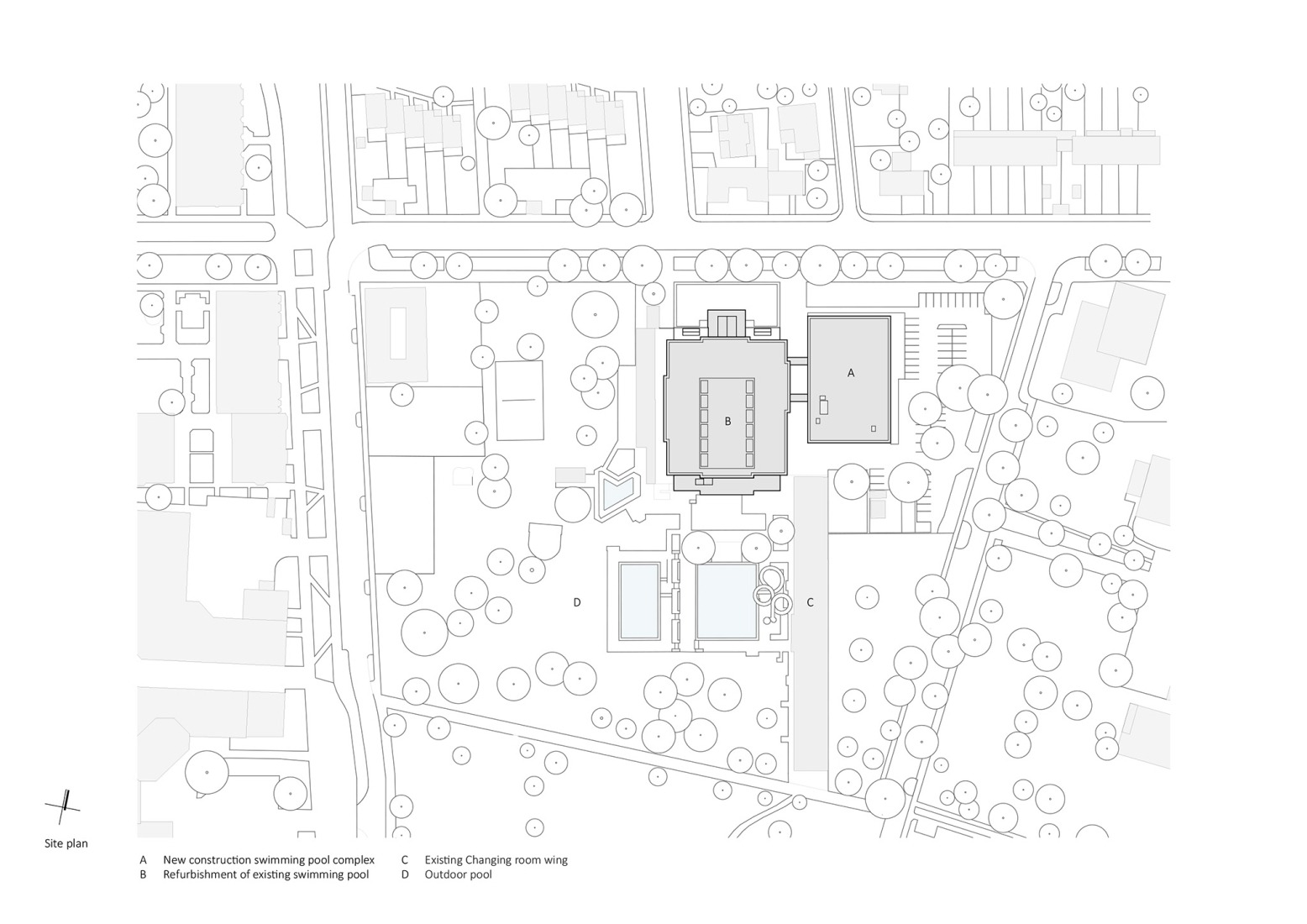 Plano de situación. Piscina pública Großfeldsiedlung por Illiz Architektur.   
