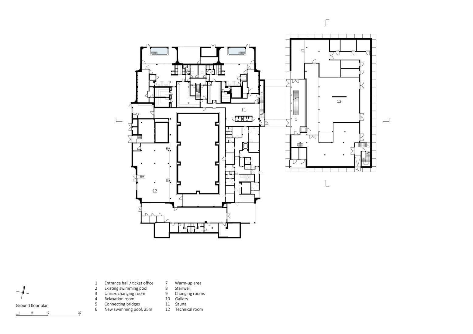 Plano de planta baja. Piscina pública Großfeldsiedlung por Illiz Architektur.