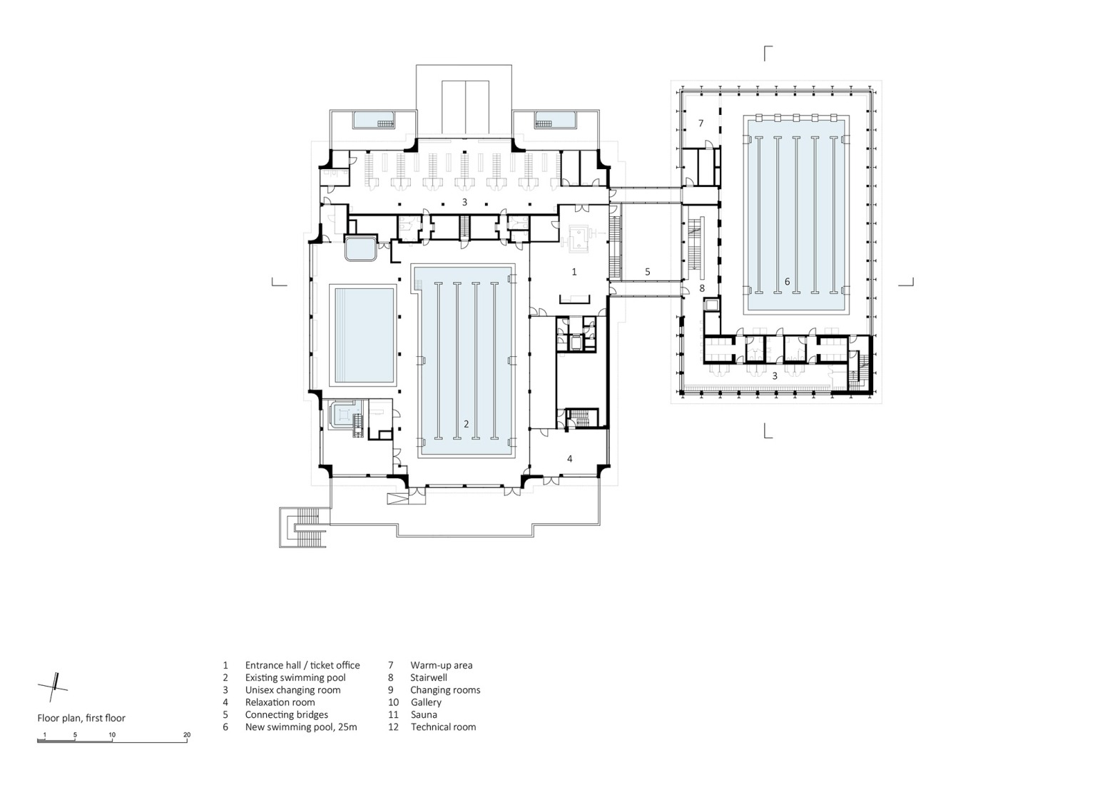Plano de primera planta. Piscina pública Großfeldsiedlung por Illiz Architektur.