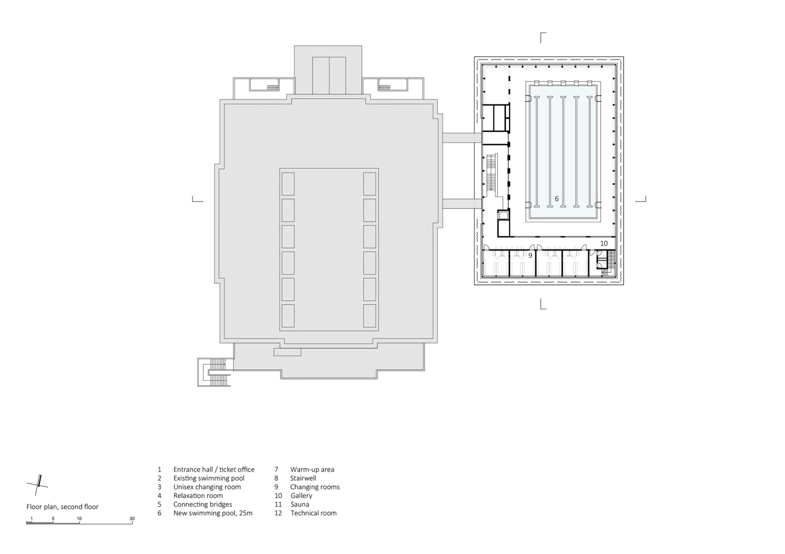 Plano de segunda planta. Piscina pública Großfeldsiedlung por Illiz Architektur.