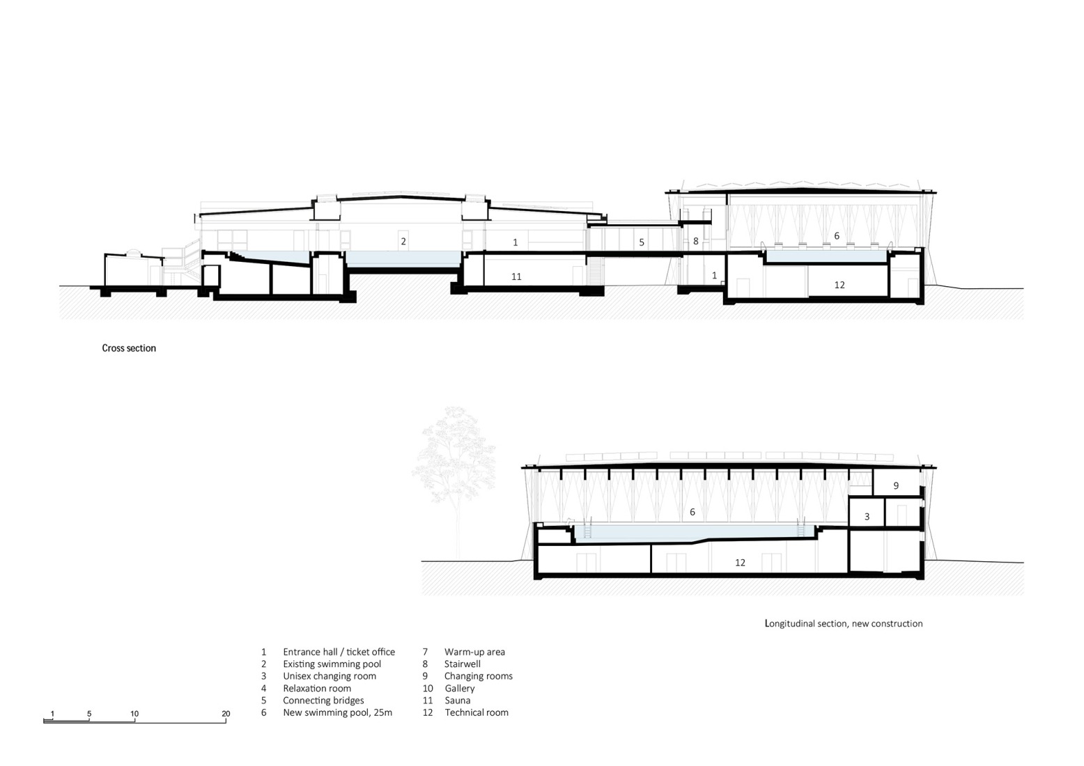 Secciones. Piscina pública Großfeldsiedlung por Illiz Architektur.