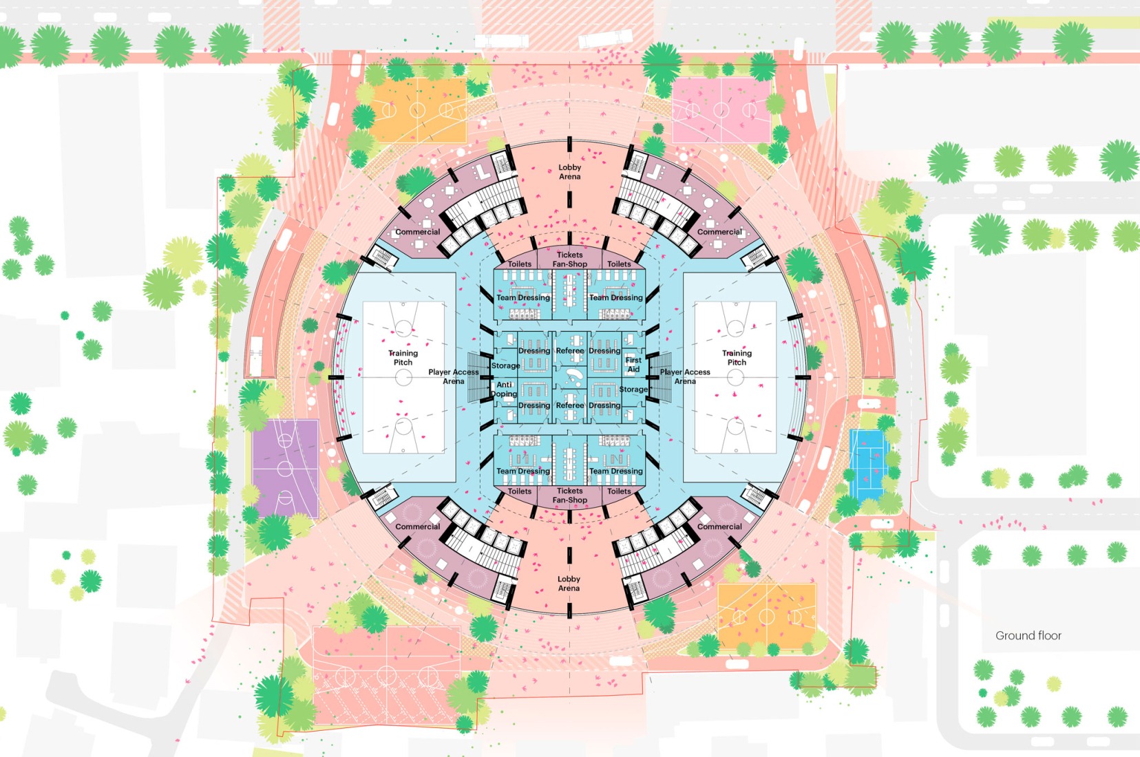Arena entrance floor plan. The Grand Ballroom in Tirana by MVRDV.