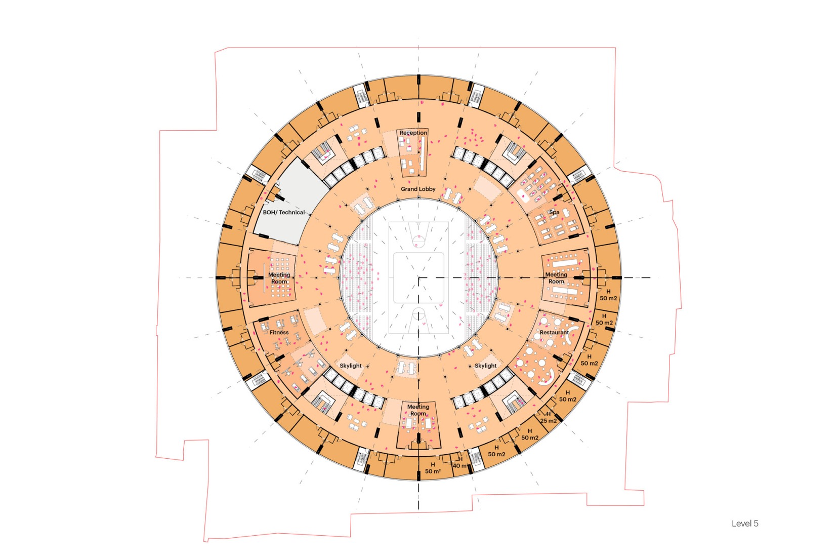 Hotel amenities floor plan. The Grand Ballroom in Tirana by MVRDV.