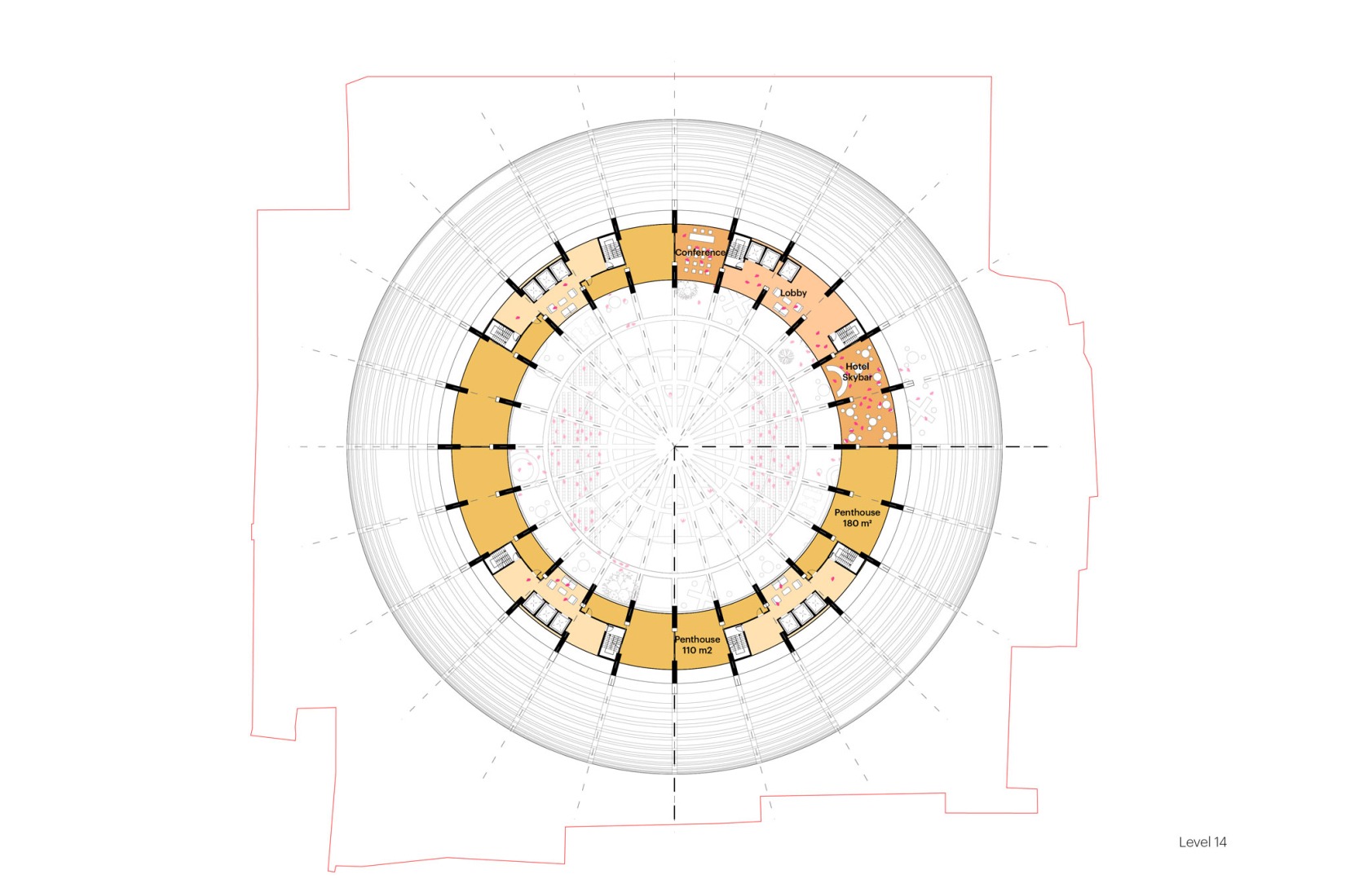 Hotel amenities, penthouse floor plan. The Grand Ballroom in Tirana by MVRDV.