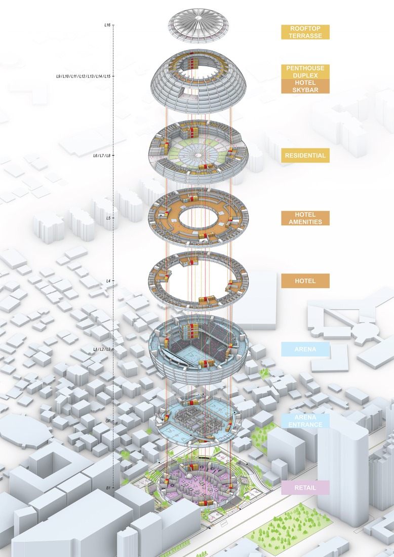 Exploded axonometry. The Grand Ballroom in Tirana by MVRDV.