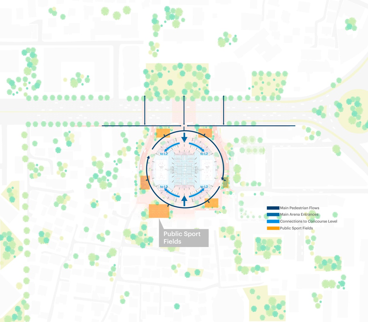 Circulation level ground floor plan. The Grand Ballroom in Tirana by MVRDV.