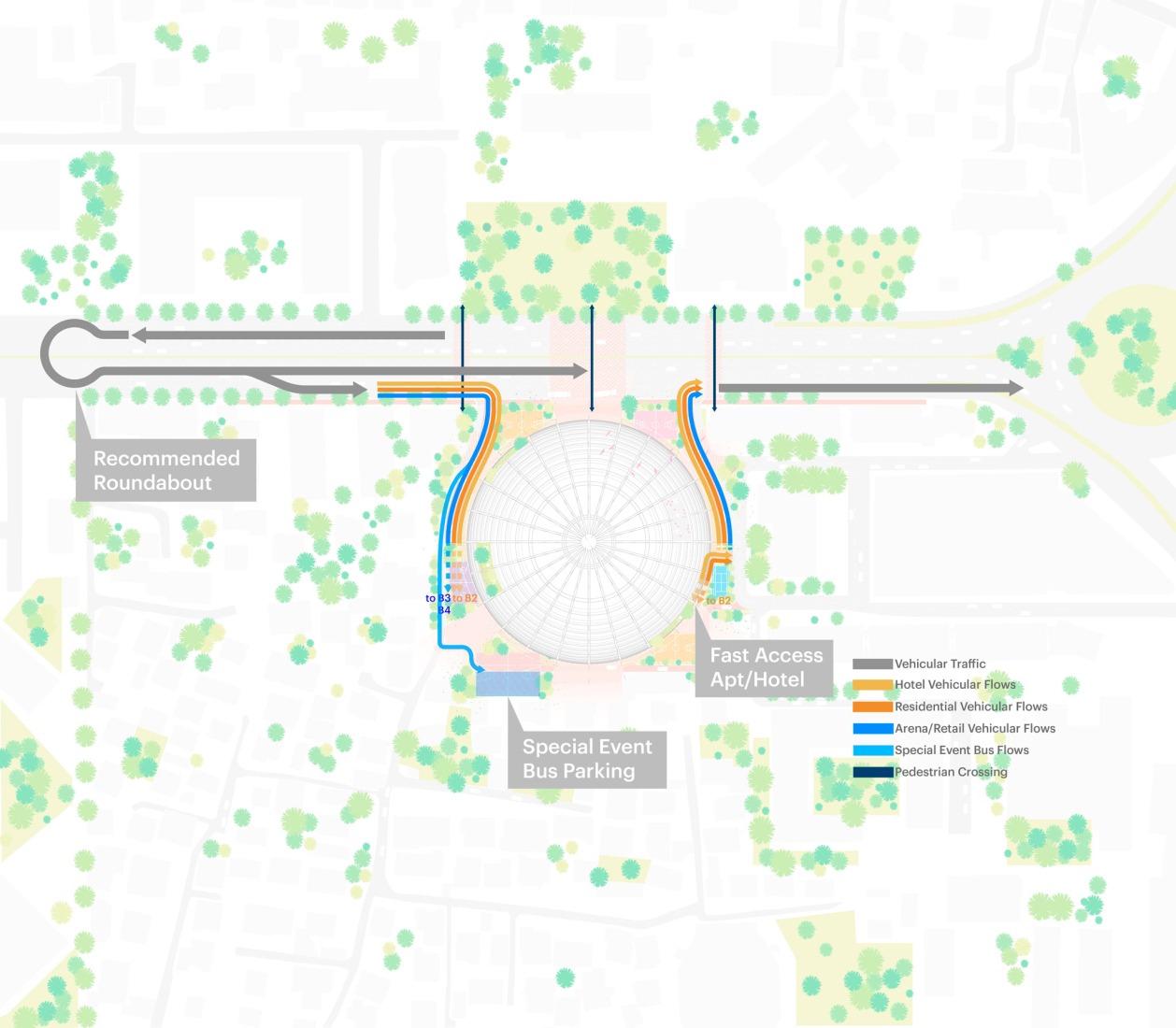 Traffic flow present floor plan. The Grand Ballroom in Tirana by MVRDV.