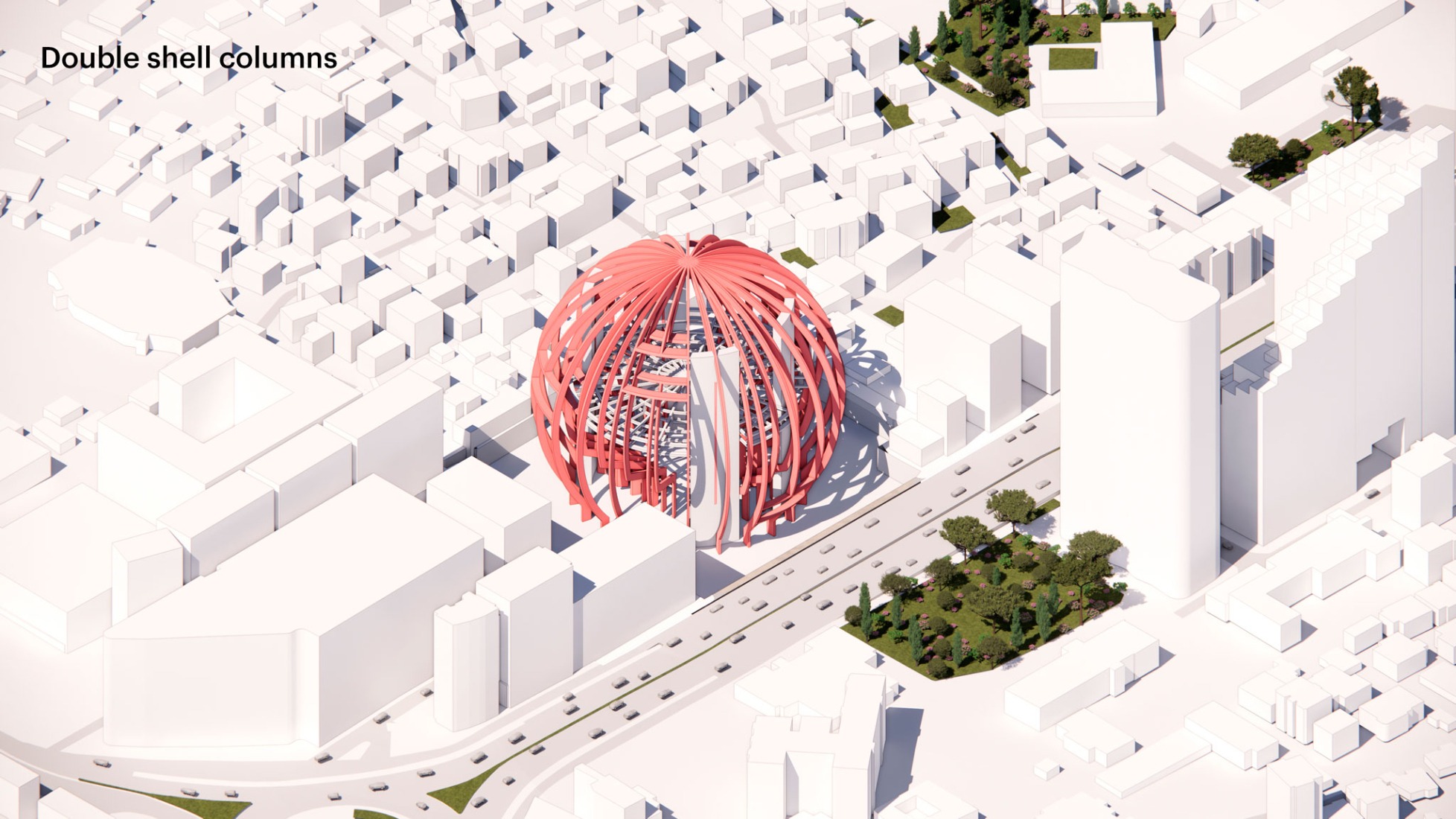 Structure, double shell columns. The Grand Ballroom in Tirana by MVRDV.