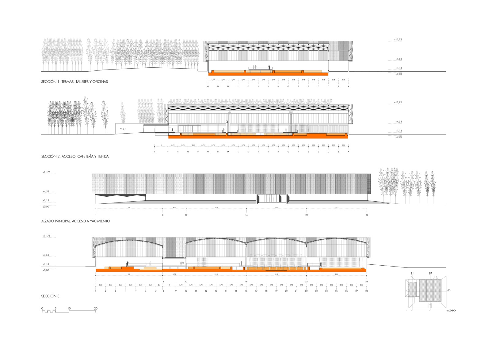 Elevations and sections. La Olmeda Roman Villa by Paredes Pedrosa Architects.