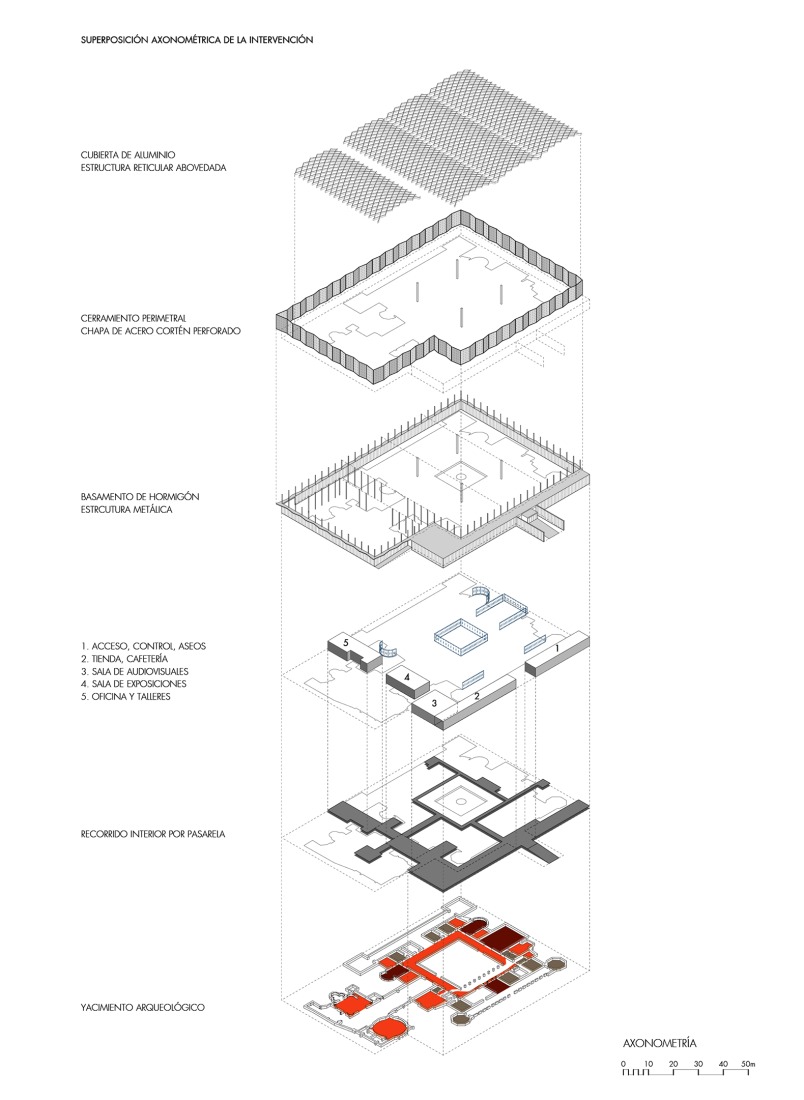 Axonometry. La Olmeda Roman Villa by Paredes Pedrosa Architects.
