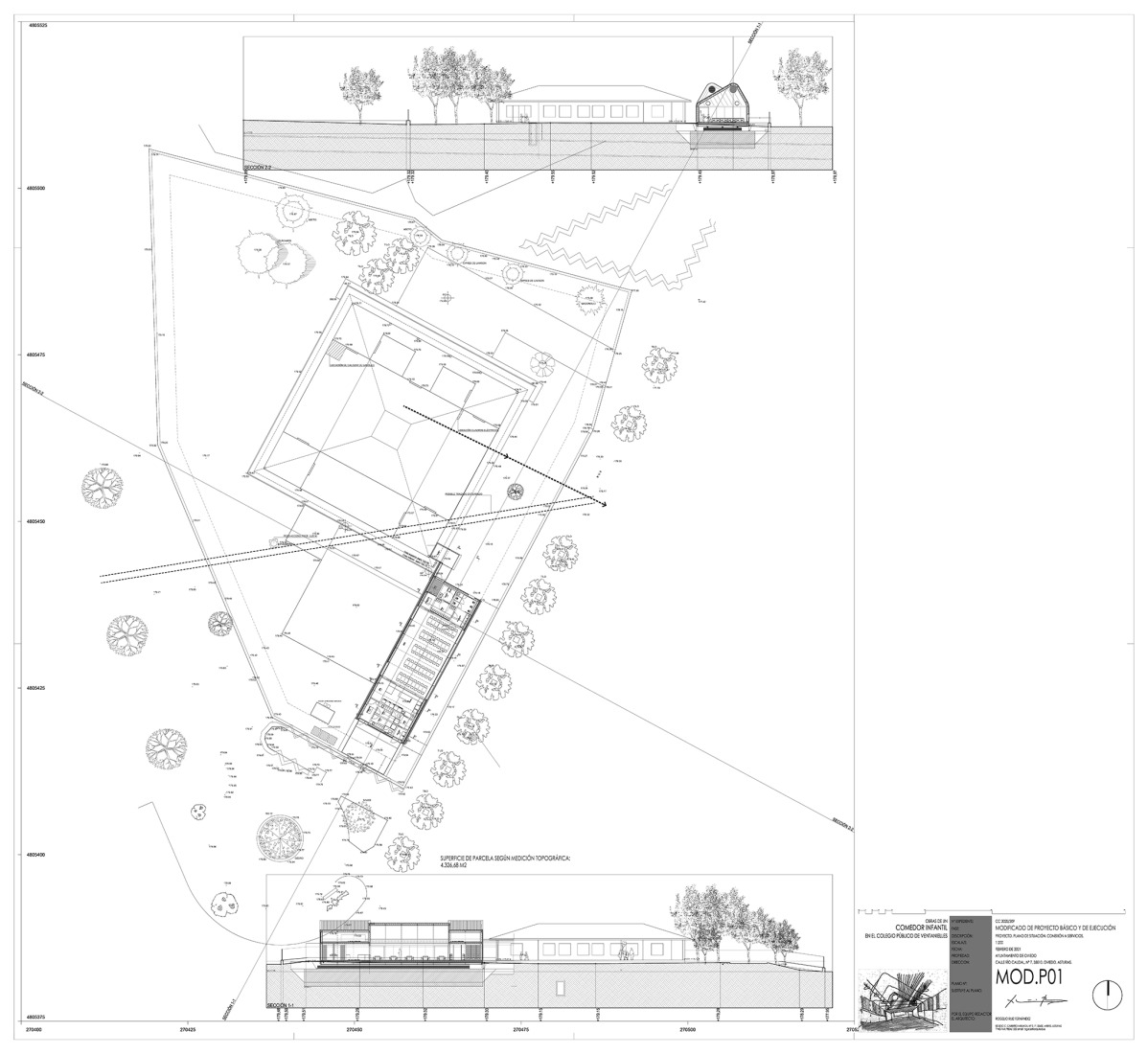 Planos de arquitectura. Comedor infantil de Ventanielles por Rogelio Ruiz + Macario G. Astorga. 