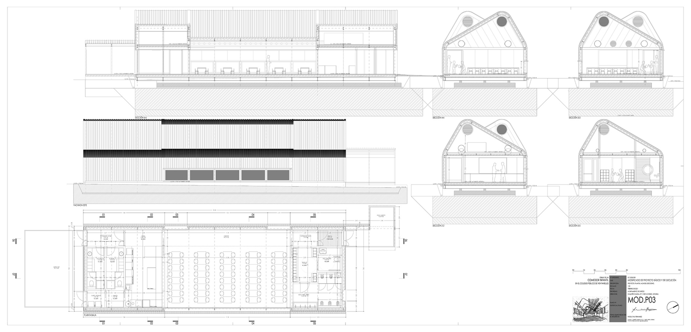 Planos de arquitectura. Comedor infantil de Ventanielles por Rogelio Ruiz + Macario G. Astorga. 