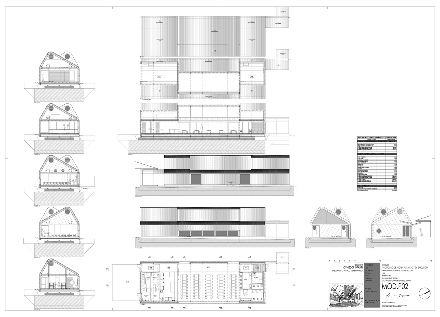 Planos de arquitectura. Comedor infantil de Ventanielles por Rogelio Ruiz + Macario G. Astorga. 