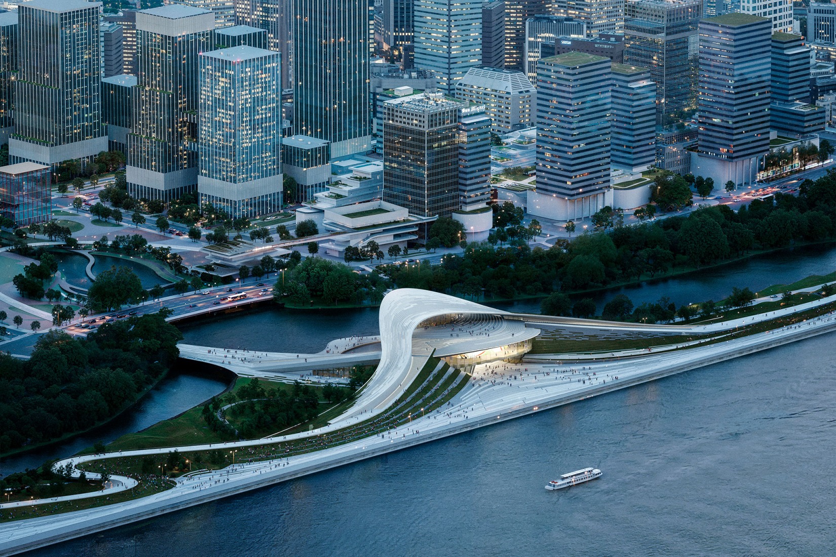 Hangzhou Qiantang Bay Art Museum by Snøhetta. Rendering by Atchain.