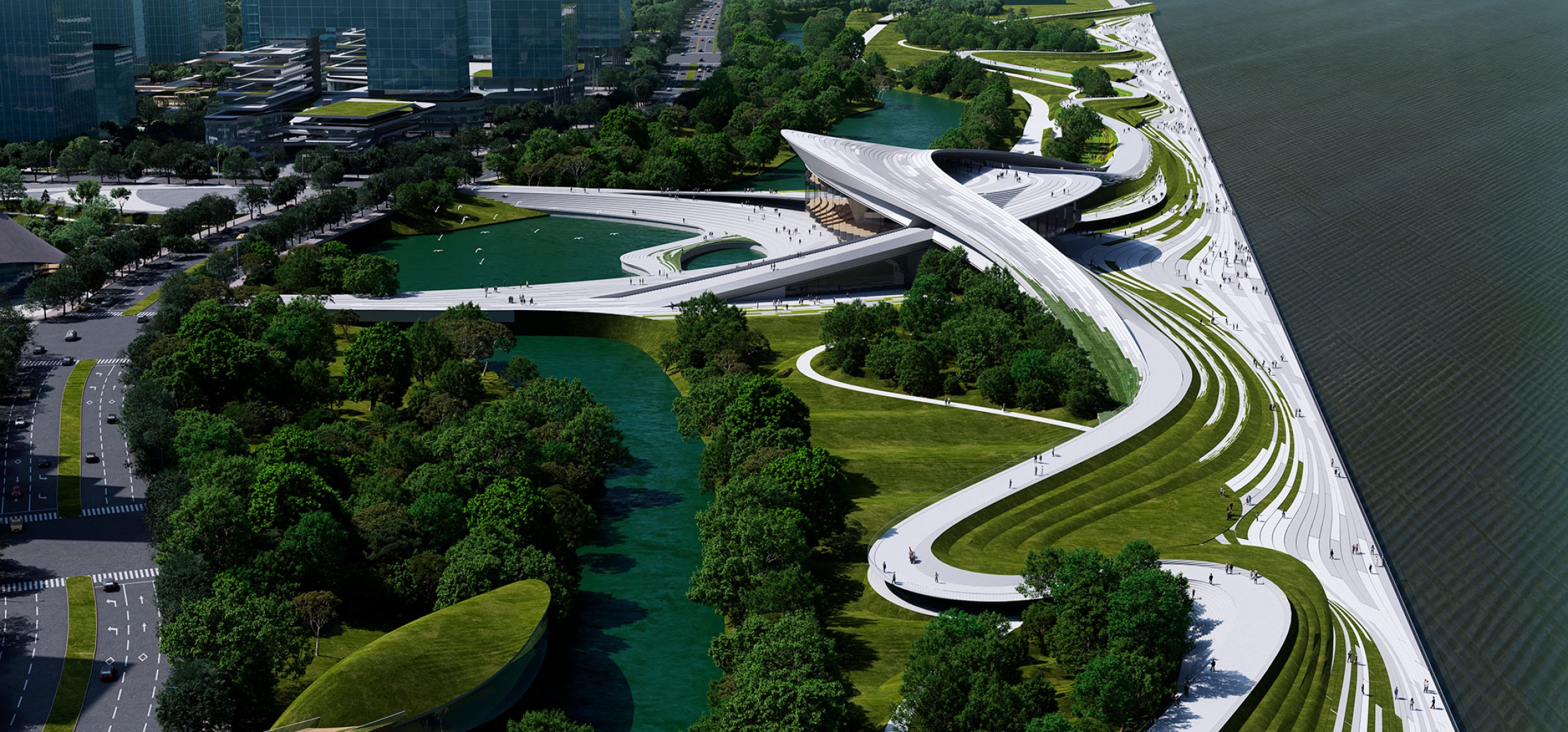 Hangzhou Qiantang Bay Art Museum by Snøhetta. Rendering by Atchain.