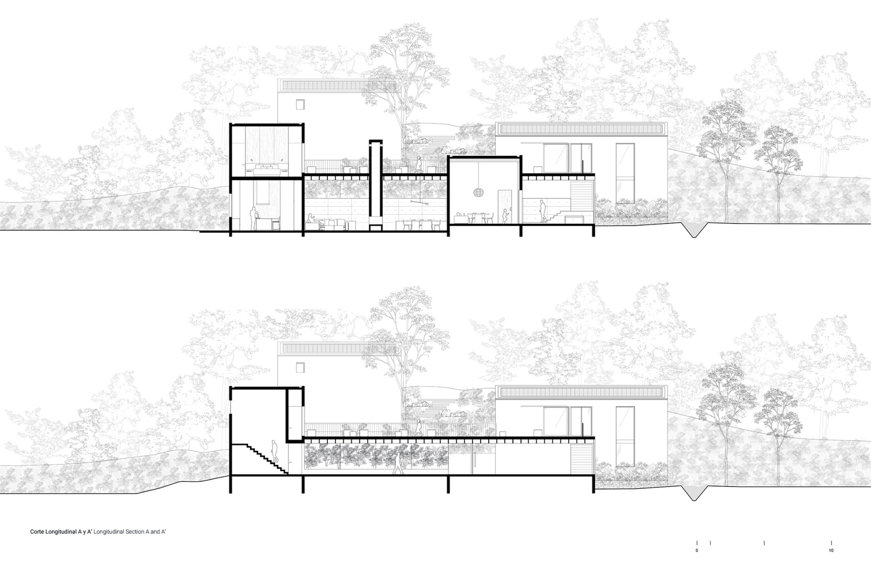 Longitudinal section. House in Avándaro by Ignacio Urquiza and Ana Paula de Alba.