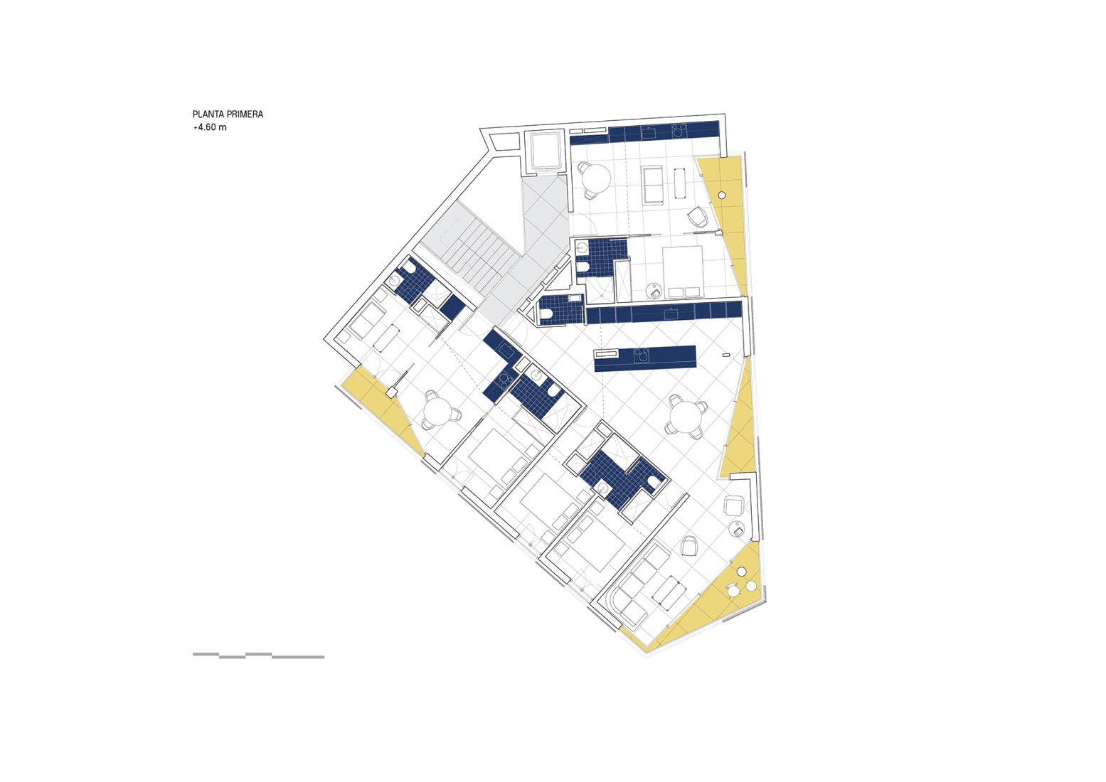 Plano de primera planta. Foners, diez viviendas en Palma de Mallorca por gon architects.