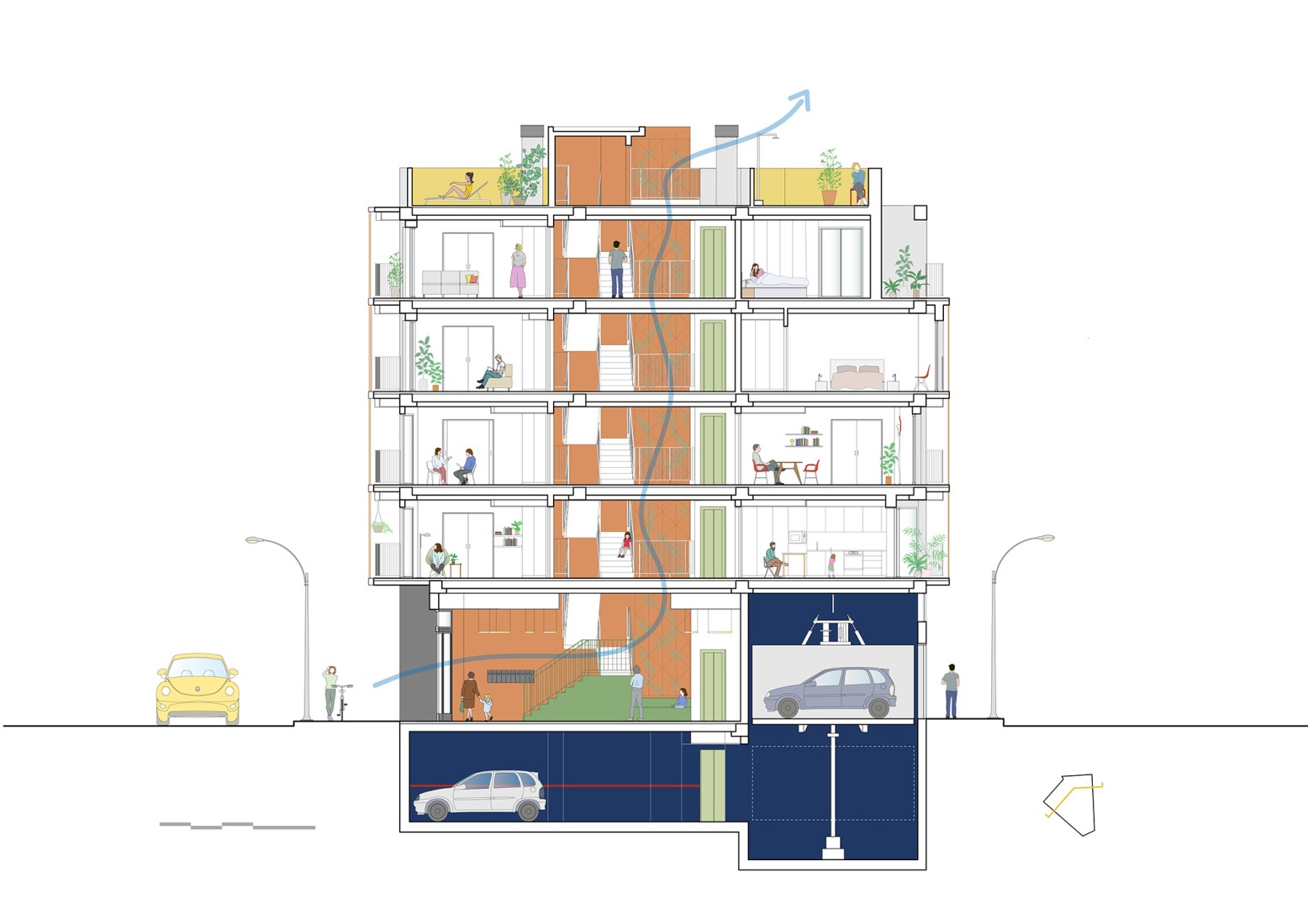 Sección. Foners, diez viviendas en Palma de Mallorca por gon architects.