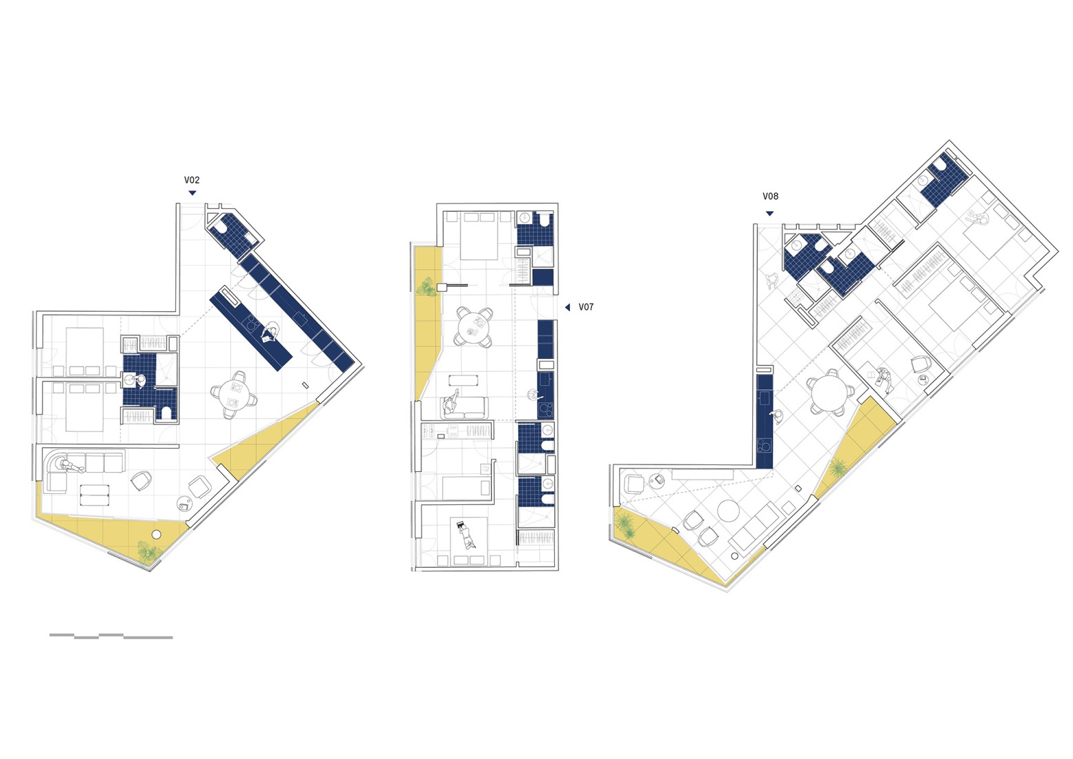 Matriz de tres apartamentos. Foners, diez viviendas en Palma de Mallorca por gon architects.