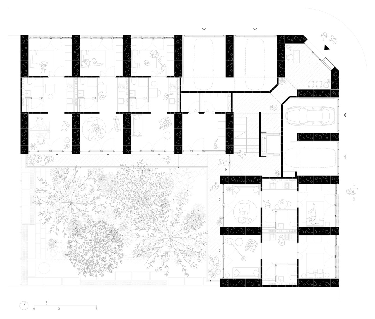 Plano de planta baja. 25 viviendas sociales por Harquitectes.