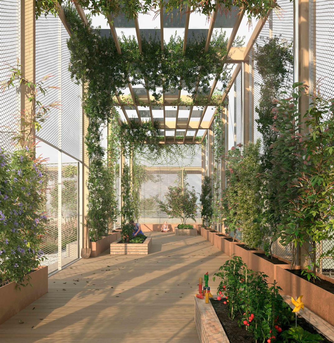 Application of the prototype on a rooftop. Open regeneration of housing estates in Barcelona by REARQ-UPC and Sorigué. Visualization by Recuerdo Studio.