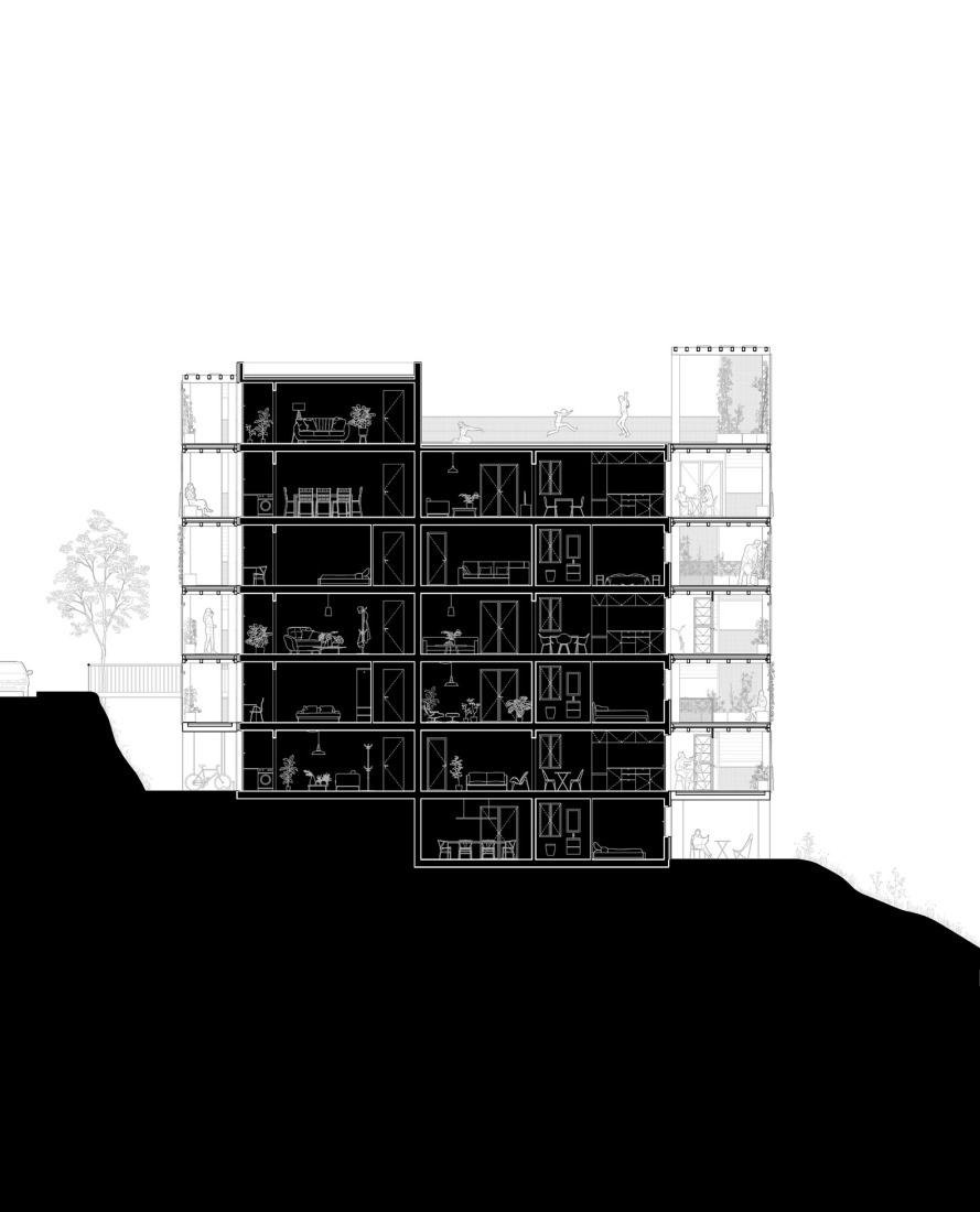 Application of the prototype in Les Oliveres, section view. Open regeneration of housing estates in Barcelona by REARQ-UPC and Sorigué.