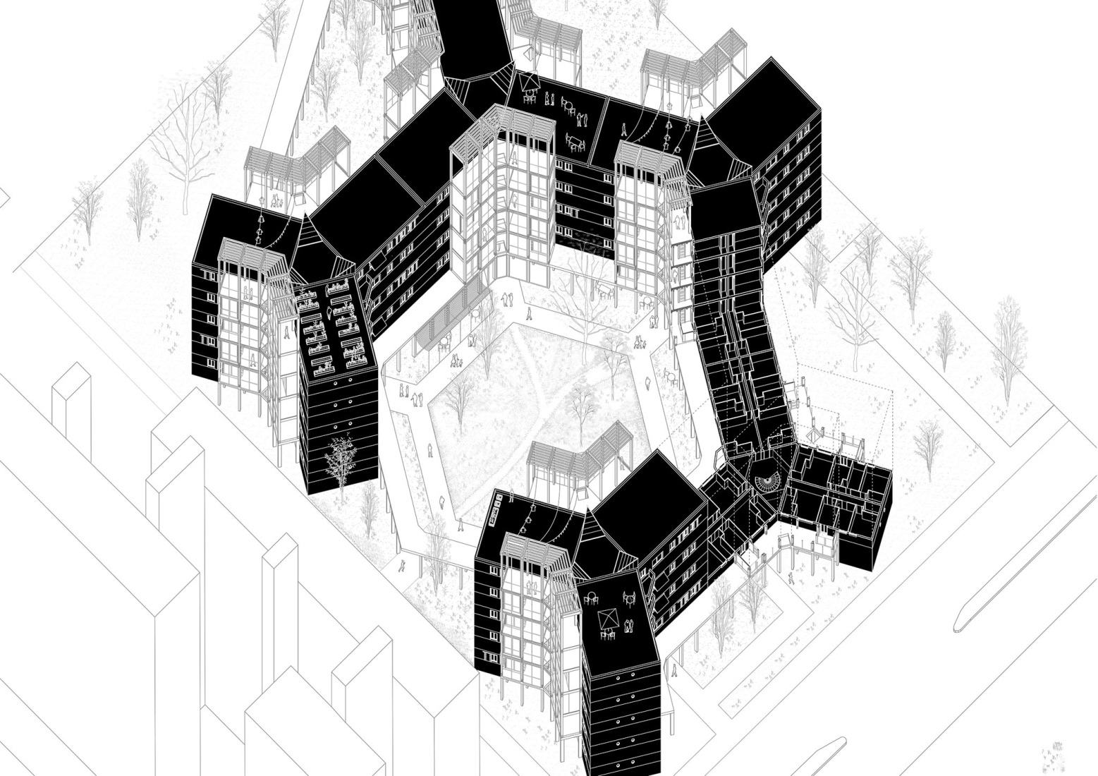 Application of the prototype in Ciutat Badia, axonometric view. Open regeneration of housing estates in Barcelona by REARQ-UPC and Sorigué.