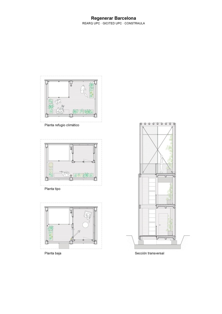 Plans and sections of the prototype. Open regeneration of housing estates in Barcelona by REARQ-UPC and Sorigué.