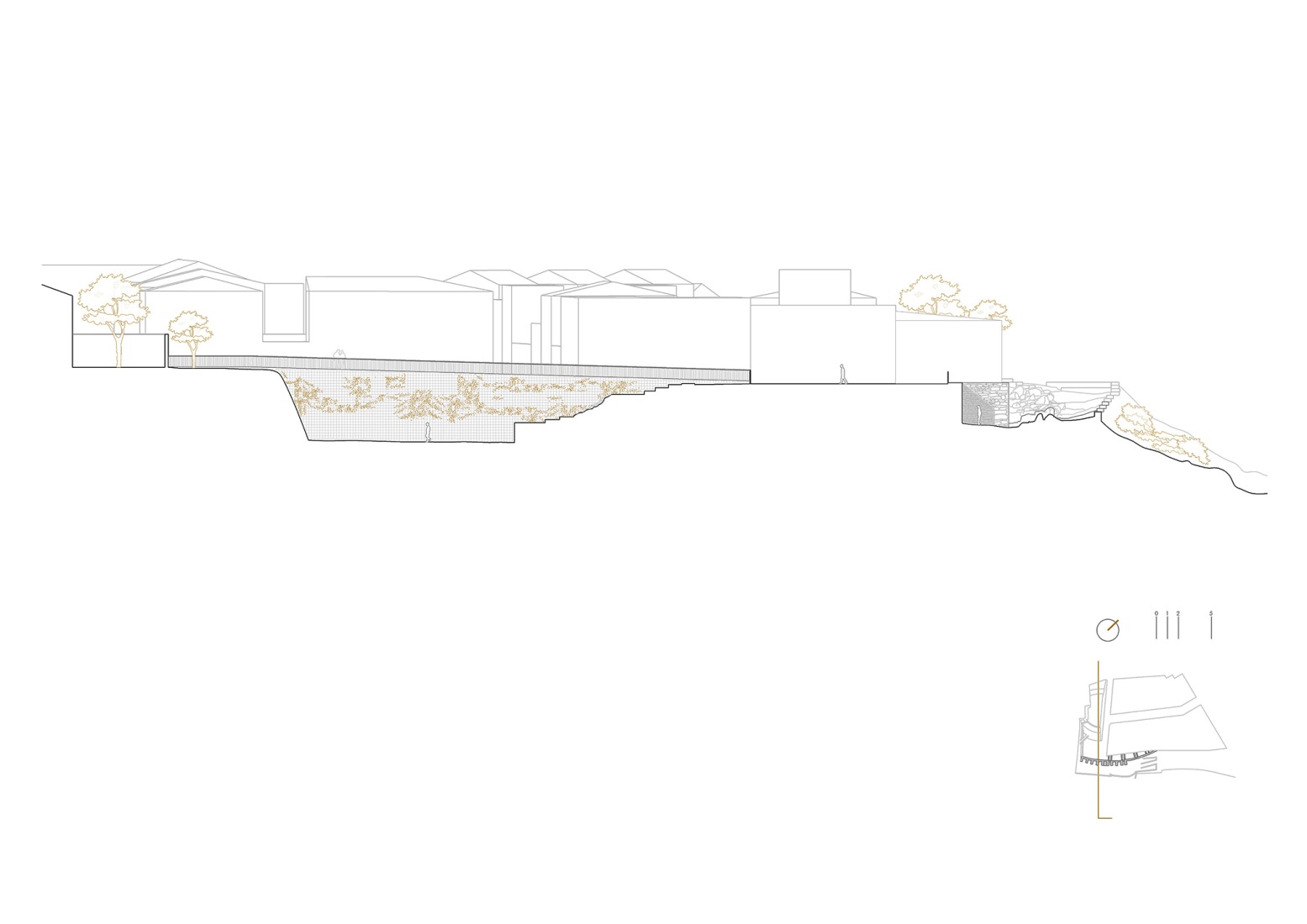 Longitudinal section. Rehabilitation and enhancement of the Roman Amphitheater of Obulco by Pablo Manuel Millán Millán.