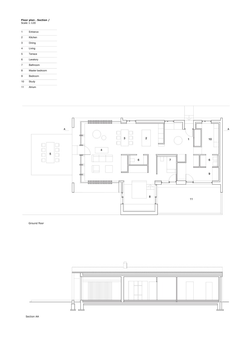 Ground floor plan and section . House under the poplars by OFIS arhitekti.