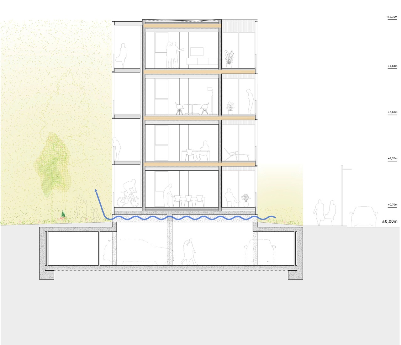 Bioclimatic section. 80 Collaborative Housing Units by Ignacio Olite, Koldo Fdez. Gaztelu y MADE.V.