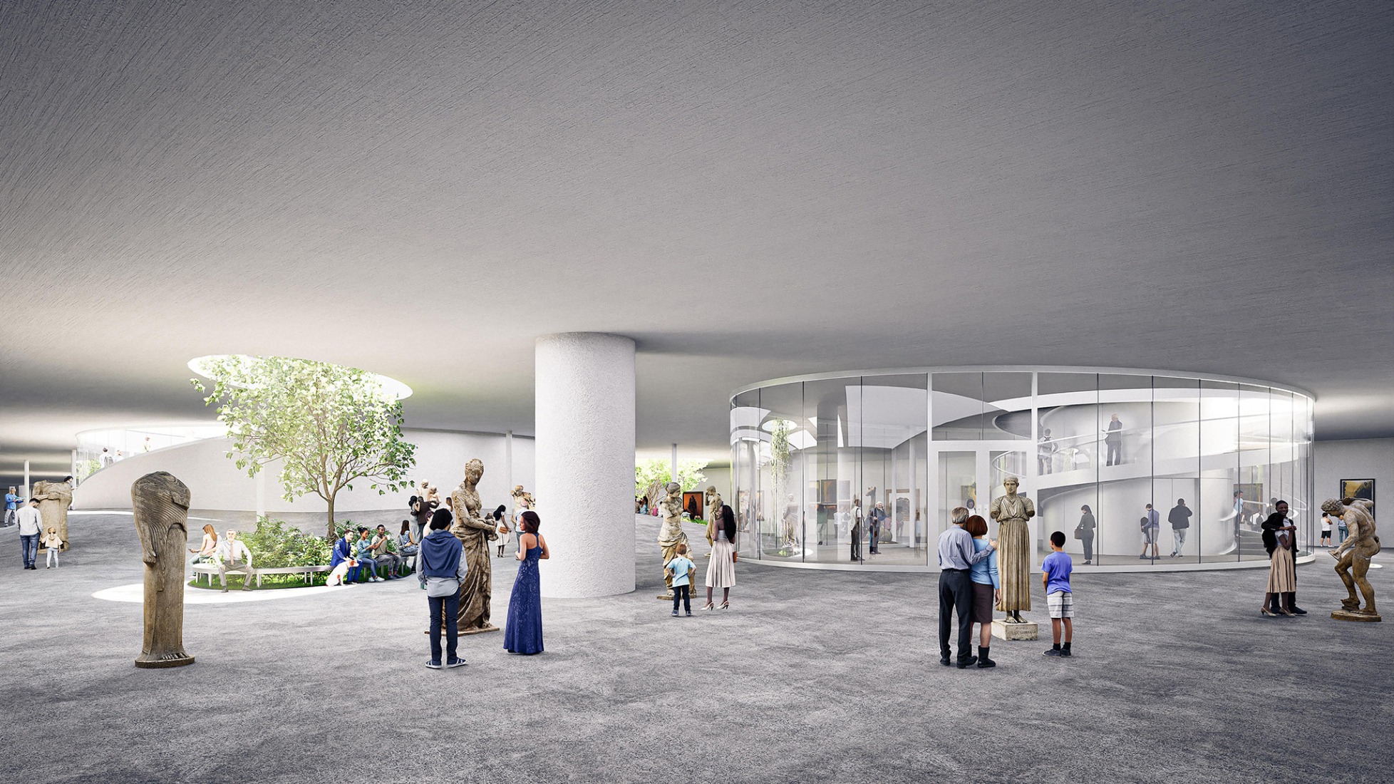 Espacio de exposición flexible debajo del patio, que admite instalaciones temporales y formatos curatoriales en evolución. Museo Brise-Vent del Puerto de Havre por LYT-X Studio. Visualización por LYT-X Studio.space beneath the courtyard, supporting temporary installations and evolving curatorial formats. Brise-Vent Havre Harbor Museum by LYT-X Studio. Rendering by LYT-X Studio.